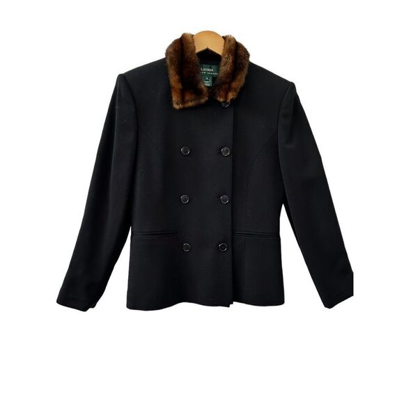 Lauren Ralph Lauren Wool Skirt Suit Set Faux Fur Collar Wool Blazer & Skirt Blac - Picture 3 of 11